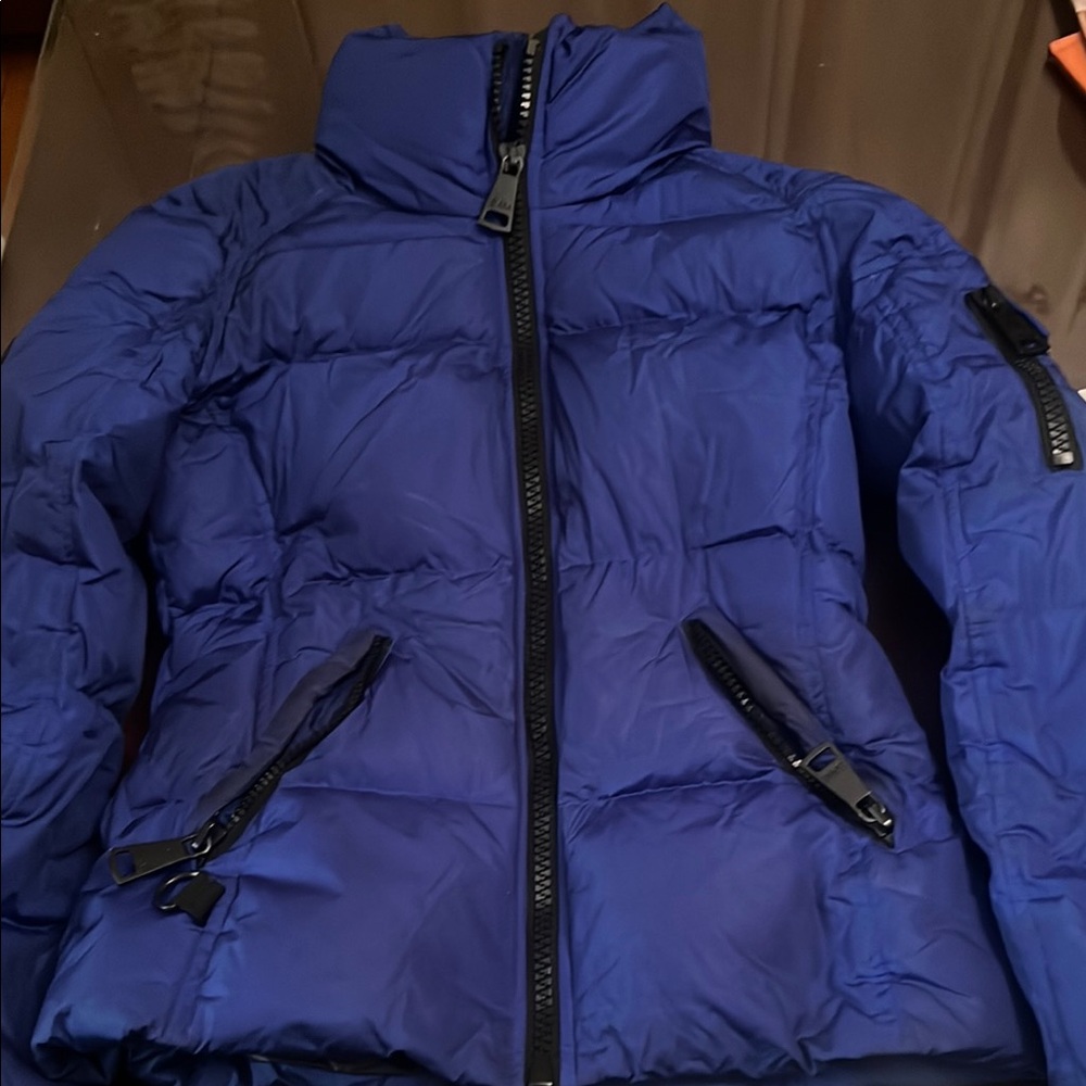 Blue Puffer Jacket with Zipper Details